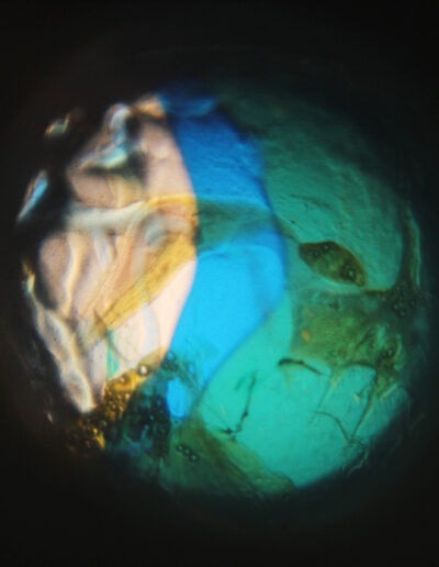 Mya Lurgo, CosmoMania Destinata II, Slide, mixed media, coloured oils, magnifying glass, ceiling or wall projection, Ø max. 200 cm, 2004
